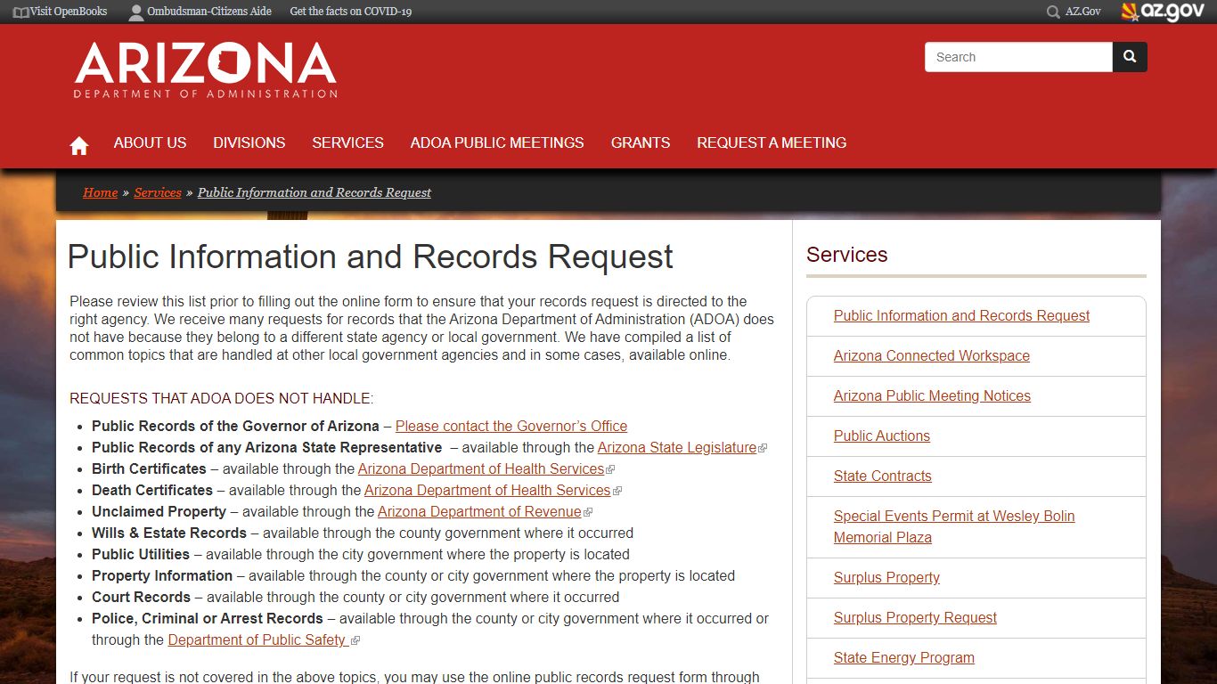 Public Information and Records Request | ADOA - Arizona